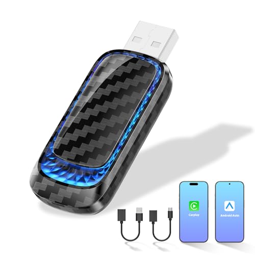 Wireless CarPlay Adapter & Android Auto Wireless Adapter - 2 in 1 Mini Adapter for Factory Wired CarPlay and Android Auto Cars, Ultra Low Delay, Multi-Color Ambient Light, Extension Cable USB C/A