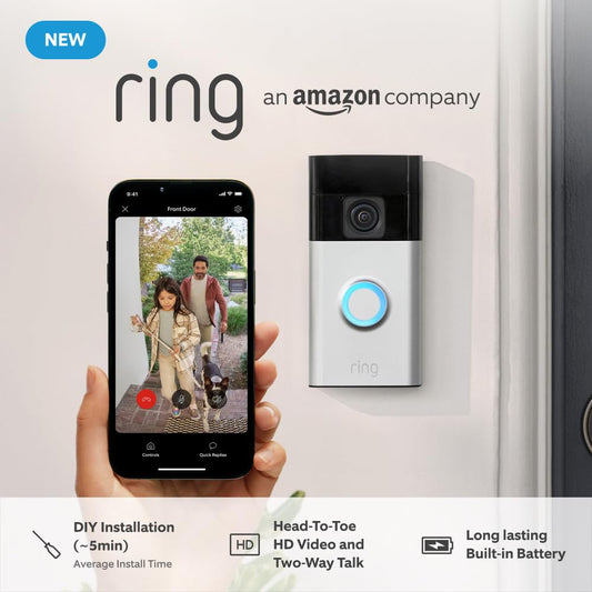 New Ring Battery Video Doorbell (2024 release) | DIY Wireless Video Doorbell Camera I Head-To-Toe View, HD Video | Easy to install (5 min) | With Built-in Battery I 30-day free trial of Ring Home
