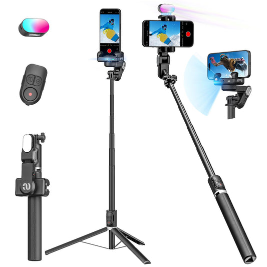 Gimbal Stabilizer Face Tracking Without APP, 4 in 1 RGB Light Stabilizer, Portable Phone Tripod, Stabilizer for iPhone&Android, Extension 108cm, AOCHUAN M2PRO Black