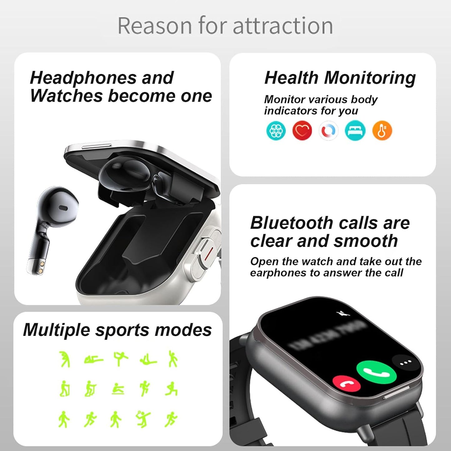 Denash Smart Watch with Earbuds, 2.01" HD Screen Fitness Watch, 2 in 1 Smartwatch with 100+ Sport Modes Fitness Tracker, Sleep/Heart Rate/Blood Pressure Monitor, Pedometer for iOS & Androd,Black