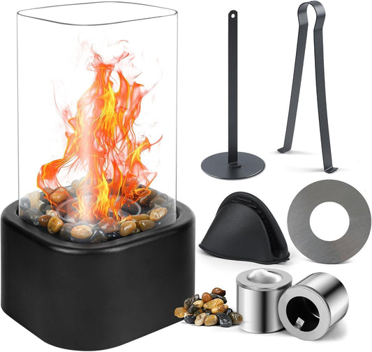 Table Top Fire Pit, Portable Bioethanol Tabletop Fireplace with Square Windproof Glass, Clean Burning for Indoor & Outdoor, 180 Mins Burn Time, for Patios, Living, Christmas, Thanksgiving, and Parties