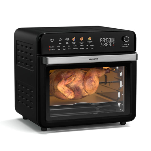 Klarstein AirGlaze Digital Colour Air Fryer – 34L Large Air Fryer Oven, 2100W, 16 Programs, 250 Recipes, Touch Panel, Rotisserie, Grill Rack & Baking Tray, Black