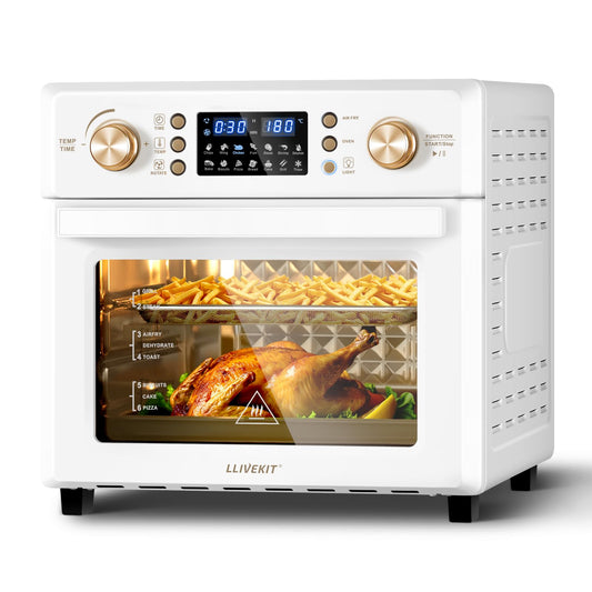 LLIVEKIT 26L Air Fryer Oven with Rotisserie, LED Display Touch Panel Large XXL Oil Free Electric Oven, 12-In-1 Mini Oven, Stainless Steel Air Fryer Oven, 1700W-60℃-230℃, 7 Accessories, Silver