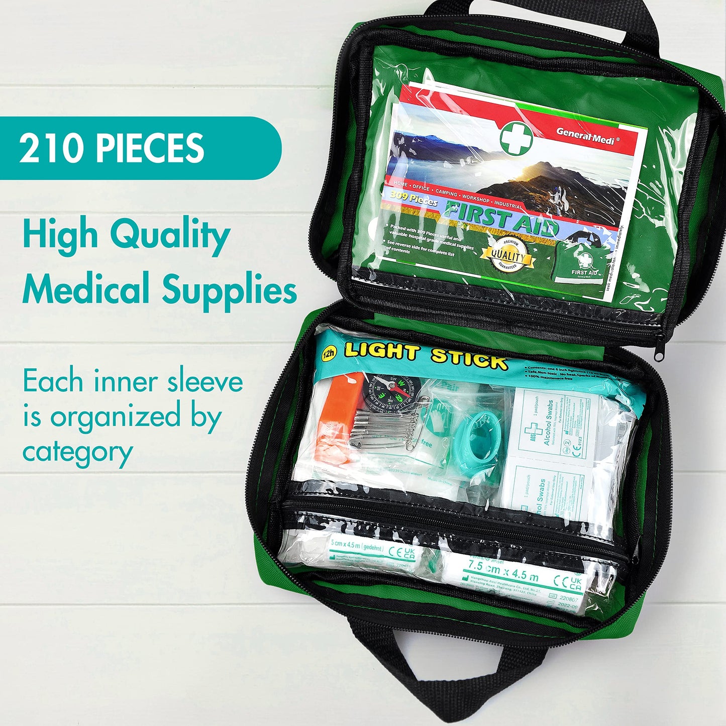 General Medi 210 Piece First Aid Kit- Emergency kit - Reflective Design - Includes Ice(Cold) Pack, Moleskin Pad and Emergency Blanket for Travel, Home, Office, Car, Workplace & Outdoor